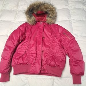 Eckored bright pink puffer jacket with fur lined hood